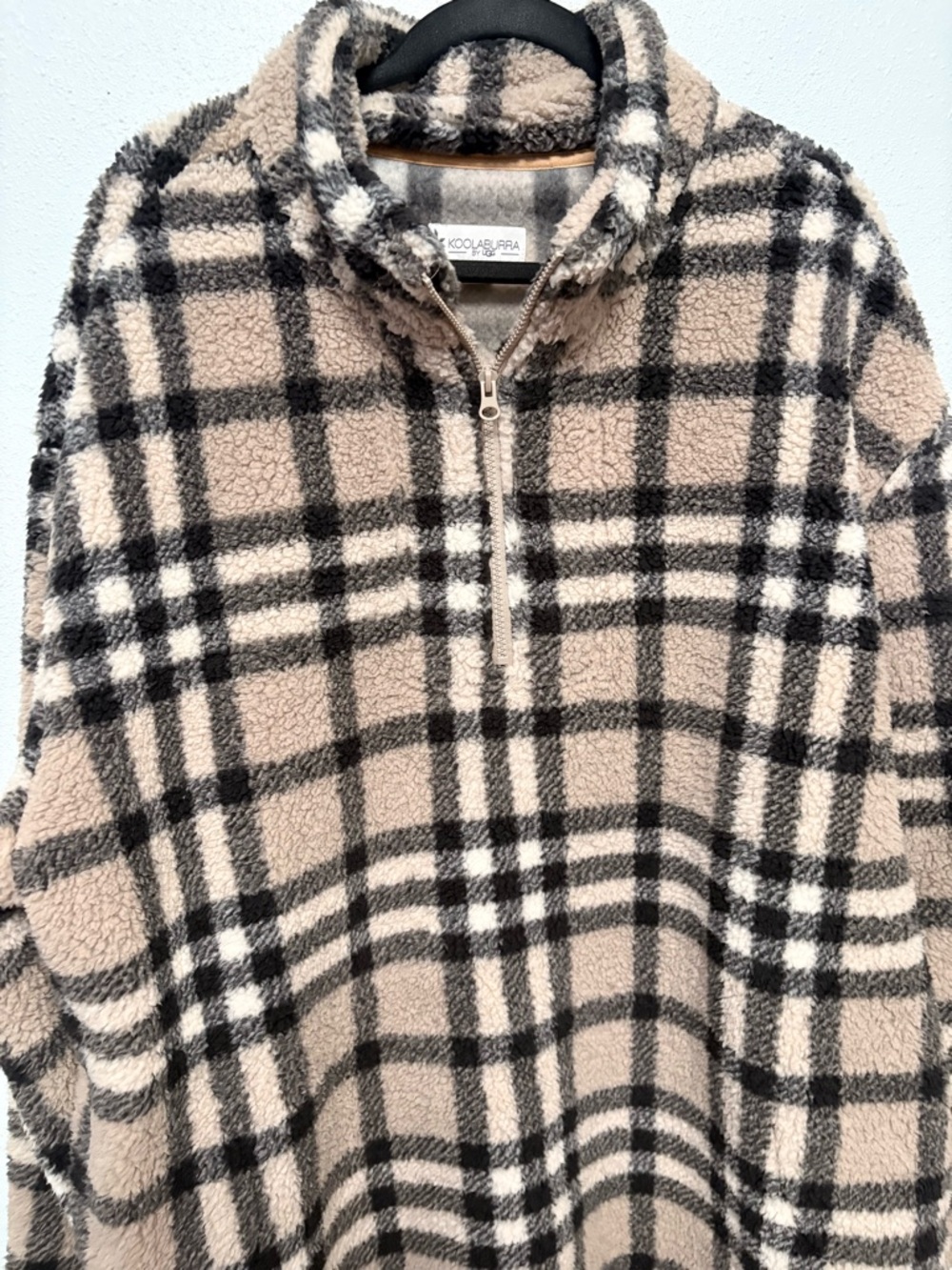 Koolaburra Beige and Black Plaid Sherpa Quarter-Zip Pullover